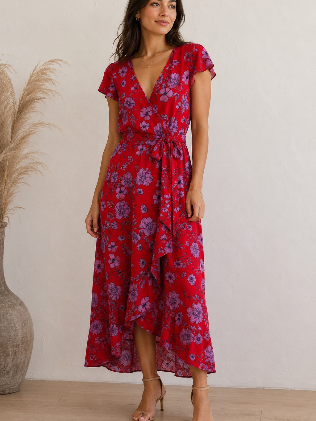 Band Of The Free Red Pink Floral Wrap Midi Dress Tie Back Cotton Rayon Size M